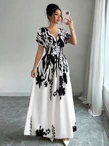 Elenzga V领收腰印花长裙，优雅迷人，适合春夏、秋冬四季穿着，也可作为音乐会、晚礼服、日常通勤、婚礼季/音乐节等场合的礼服。 - 黑與白 - 查看 6
