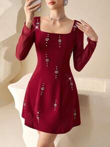 Modelyn 女士酒红色针织长袖网纱收腰A字型串珠连衣裙，春夏款 - 酒紅色 - 查看 4