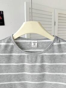 SHEIN Tween Girl Casual Mixed Striped Knit Crew Neck Short Sleeve Top,Kids - Light Grey - View 4