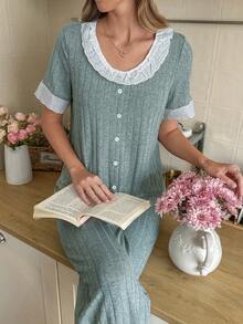 Snug Reverie 女士休闲针织罗纹刺绣花卉蕾丝睡衣套装 - 綠色 - 查看 3