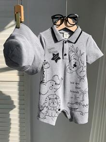 SHEIN 2件套新生儿男女宝宝可爱动物印花短袖连体衣和遮阳帽套装，春夏宝宝服装套装 - 灰色 - 查看 6