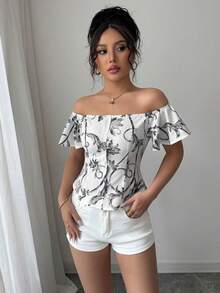 Elenzga Women's Summer Vacation, Floral Print Off Shoulder Ruffle Blouse Off Shoulder Tops For Women Off Shoulder Shirts - Black - View 6