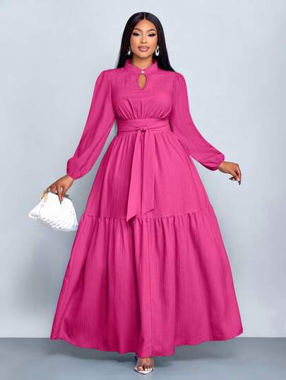 SOLERSUN 大码女式纯红色宽松休闲立领前开衩水滴形纽扣高端设计长袖系带修身A字长连衣裙，优雅、舒适、休闲、时尚通勤连衣裙，新款，适合日常穿着，新年、秋季、冬季、派对、约会、圣诞节、2026年、新年、情人节、夏季，玫瑰粉色。