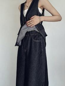 FRIFUL 女士深V领荷叶边下摆抽绳腰吊带背心和阔腿牛仔裤套装 - 藍色 - 查看 6