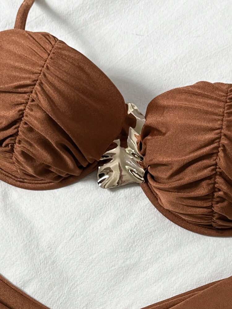 Swim Vcay 2件套纯色金属点缀钢圈比基尼上衣和高衩泳裤性感泳装套装，春夏款 - 鏽棕色 - 查看 5