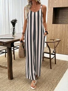 EMERY ROSE 休闲简约风条纹阔腿连体裤，适合春夏度假穿着 - 彩色 - 查看 8