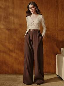 Anewsta 优雅不对称V领镂空蕾丝修身长袖针织T恤，女士秋冬款 - 杏色 - 查看 7