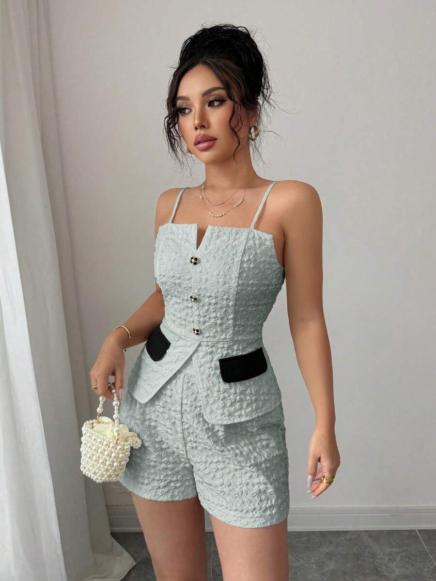 Elenzga 女士提花吊带背心和短裤两件套 - 綠色 - 查看 1