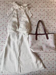 Glimmora Women's Polka Dot Print Plunging Neck Sexy Halter Dress - White - View 1