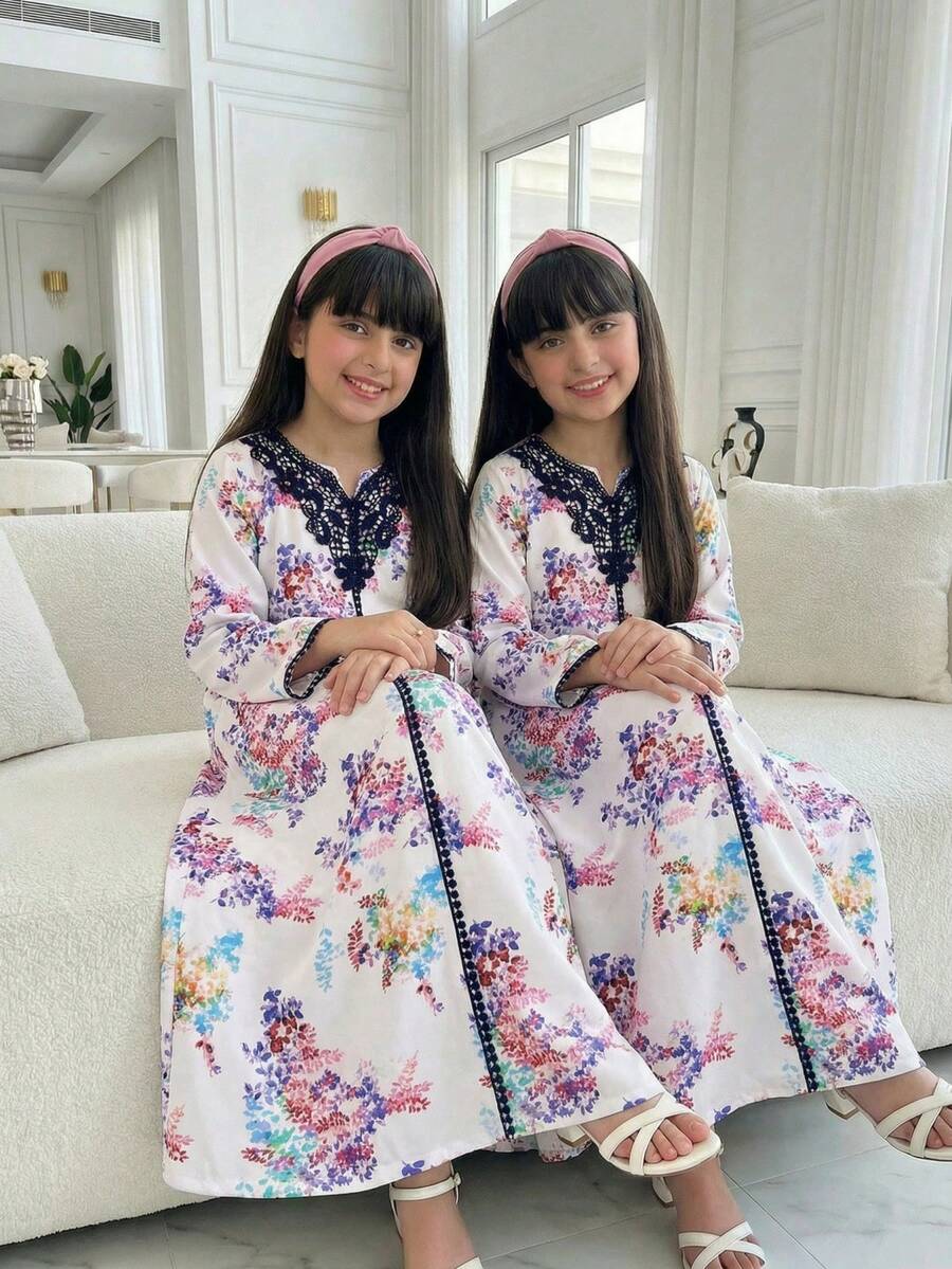 Vestido de moda casual para niñas con patrón floral de tela tejida, con cuello con adorno de flores 3D y ribete de cinta, suelto y cómodo, adecuado para primavera, verano, otoño, uso diario, al aire libre, fiesta, sesión de fotos - Multicolor - Ver 1