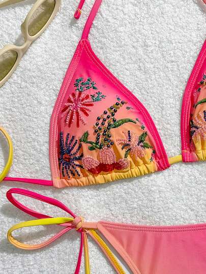 Swim Mod Embroidered Summer New Halter Tie Ombre Floral Beaded Women's Bikini Set, Triangle Swimwear For Beach Vacation