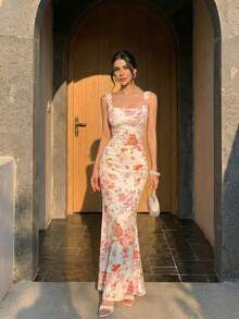 Firerie Women's Elegant Romantic Fashion Commuter Sexy Elegant Style Dress, Suitable For Party, Vacation, Romantic Date And Wedding Birthday, Floral Print Draped Neck Mermaid Hem Bodycon Maxi Dress - Multicolor - View 1