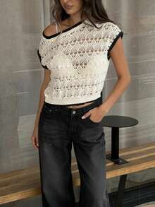 Siren Gaze Spring & Summer Outfit Women Valentine's Day/Day/Romantic/Business Casual Woman/Elegant/Casual/Vintage/Festival/Country Concert Outfit/Brunch Outfits/Homecoming/Easter/Guest Outfit/Tea Party Outfit/Basic/Prom/Wedding/Formal/Western/Cocktail/Vintage/Club/Birthday Outfit/Cute/Spring Break/Bachelorette/Classy/Old Money Style/Work Clothes/Going Out/Vacation/Office Outfits/Airport Outfits/2000s Style/Streetwear/Basic/Vacation/Holiday/Beach/Women's Casual Hollow-Out Knit Top With Contrast Trim, Summer - Black and White - View 7