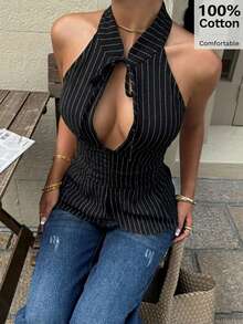 Siren Gaze Women's Bow Tie Hollow Out Halter Neck Fitted Crop Top, Slit Front Sleeveless Blouse - Black - View 5