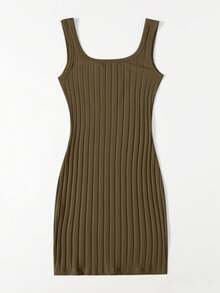 SHEIN Essnce 女士简约纯色罗纹针织吊带连衣裙，夏季 - 軍綠色 - 查看 2