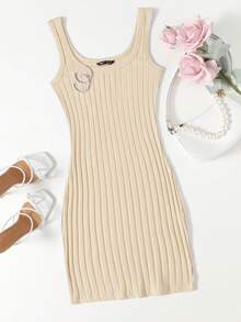 SHEIN Essnce Solid Color Ribbed Knit Sleeveless Scoop Neck Dress - Beige - View 4