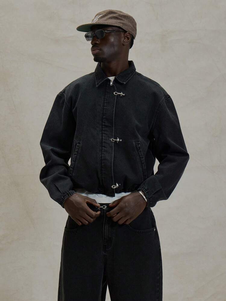 Musero Oversized Zip Through Collared Denim Jacket Clasp Clip