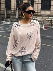 DAZY Camiseta de mujer de corte holgado con cuello redondo y estampado floral - Beis - Ver 7