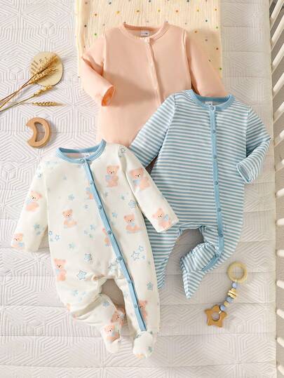 SHEIN 3件套新生儿连体衣 | 弹力针织长袖连脚衫，包含纯色裸色、蓝白条纹和熊蝴蝶结印花款，柔软舒适，可爱款式，适合派对、外出、拍照等场合，实用又贴心的礼物之选。