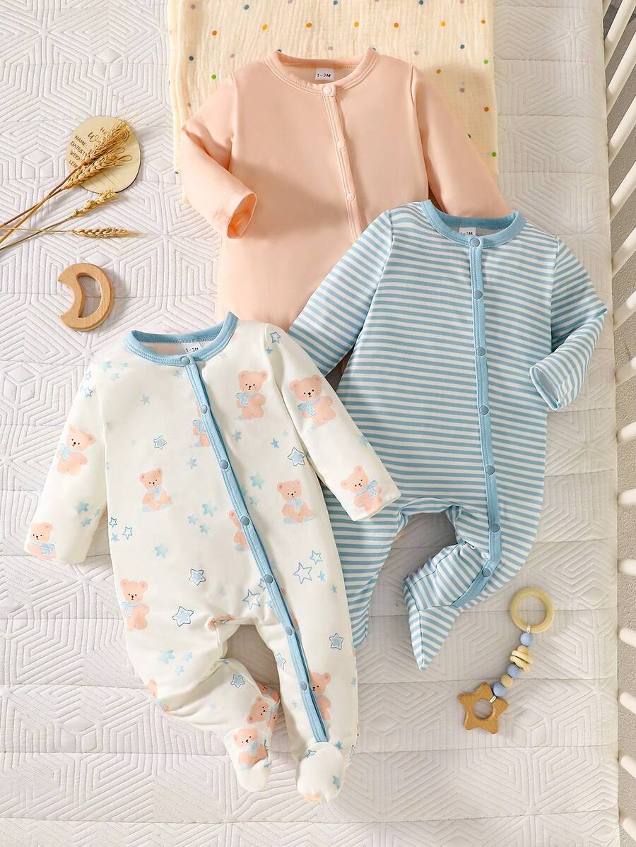 SHEIN 3件套新生儿连体衣 | 弹力针织长袖连脚衫，包含纯色裸色、蓝白条纹和熊蝴蝶结印花款，柔软舒适，可爱款式