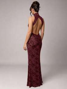 xheSilquee Vestido transparente con estampado floral en terciopelo negro, elegante y sexy, adecuado para otoño/invierno, San Valentín, Navidad, citas, fiestas, bodas y ocasiones formalesxhe - Burdeos - Ver 3