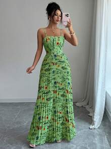 Elenzga Elegant Floral Print Pleated Tie-Front Backless Dress, Summer - Green - View 5