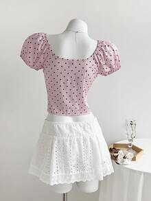 Elamini 可爱波点蝴蝶结泡泡袖U领短袖女式衬衫 - 粉色 - 查看 2