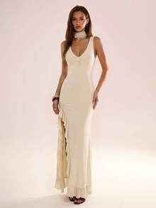 Avenya V-Neck Ruffle Hem Sleeveless Casual Dress With Side Slit - Apricot - View 3