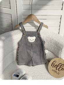 Newborn Baby Boy Casual Cute Cartoon Pattern Striped Bib Romper - Multicolor - View 1