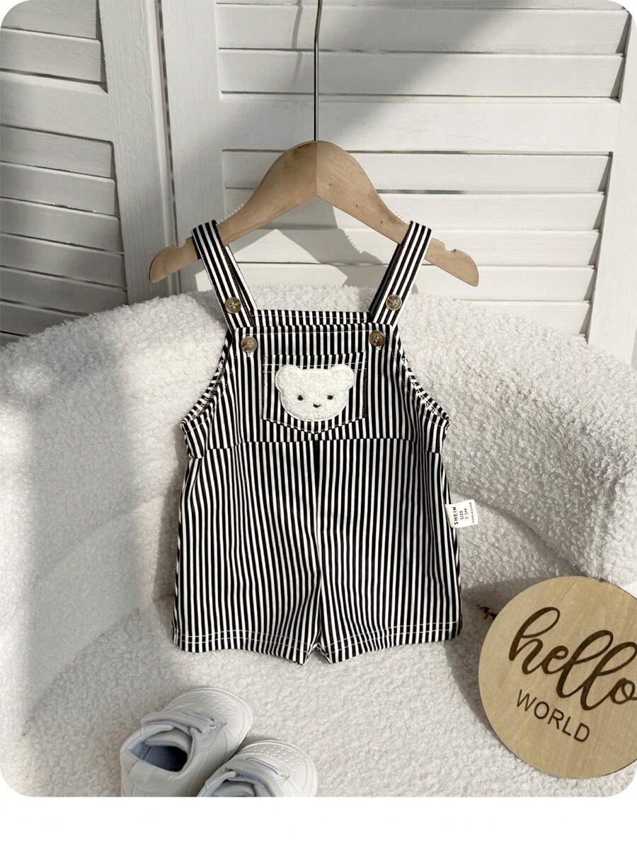 Newborn Baby Boy Casual Cute Cartoon Pattern Striped Bib Romper - Multicolor - View 1