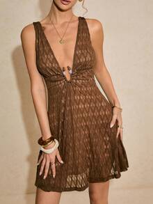 Poéselle 女士纹理深V领无袖迷你连衣裙 - 棕色 - 查看 4