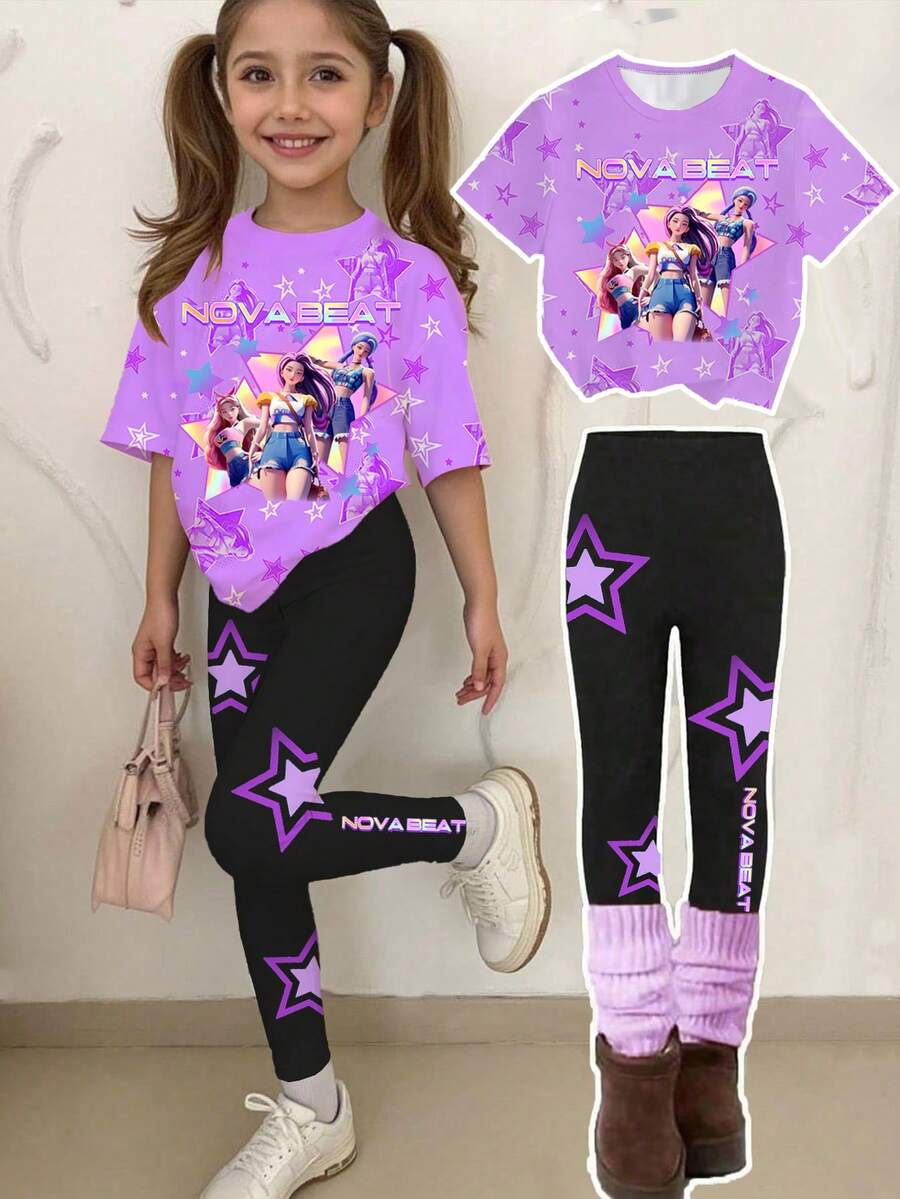 Bộ 2 món gồm áo nỉ ngắn tay và quần legging in hình trái tim hoạt hình K-Pop dành cho bé gái, thích hợp mặc hàng ngày và đi nghỉ mát, thoải mái và ấm áp. - Hồng - Xem 1