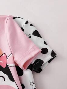 SHEIN Conjunto de 4 piezas de ropa interior para bebé niña con estampado de vaca de dibujos animados, top de manga corta y pantalones cortos - Multicolor - Ver 6