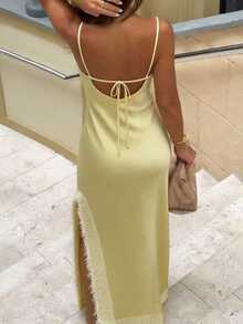 Cévolie Women's Sexy Lace Patchwork High Slit Slip Dress, Summer - Light Yellow - View 2