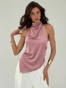 Aloruh 女士时尚纯色不对称下摆露背吊带上衣 - 藕粉色 - 查看 1