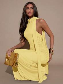 SHEIN BAE 女士纯色简约无袖休闲连衣裙 - 黃色 - 查看 1