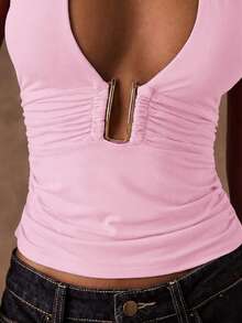 SHEIN BAE Atasan Wanita Modis Seksi Warna Polos Tanpa Lengan dengan Desain Halter dan Punggung Terbuka, Atasan Musim Panas - Baby Pink - View 7
