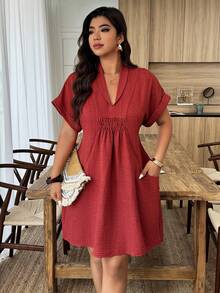Weeklong Plus Size Women's Casual Turndown Collar Tie-Front A-Line Short Dress, Spring/Summer - Rust Brown - View 5