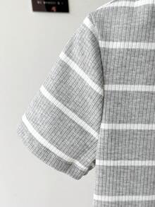 SHEIN Tween Girl Casual Mixed Striped Knit Crew Neck Short Sleeve Top,Kids - Light Grey - View 5