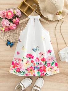 一件式少女编织花卉印花无袖修身套头连衣裙，春夏款式 - 白色 - 查看 7