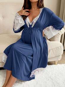 SHEIN 2pcs/Set Maternity Lace Trim Robe And Slip Dress Nursing Outfit - Navy Blue - View 6