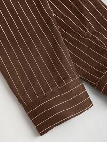 Sweetra Fashionable Contrast Color Textured Button Fitted Waist Flattering Striped Collar Long Sleeve Blouse For Women - Coffee Brown - View 5