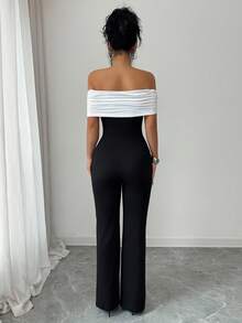 Rafferiza Women's Elegant And Sexy Black-And-White Contrast Off-The-Shoulder Slim-Fit Jumpsuit With A Fitted Waist,Suitable For Daily Wear/Business Attire/Commute Outfit/Relaxing Vacation/Dinner/Valentine's Day - Black - View 2