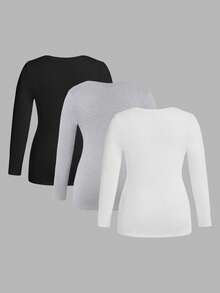 SHEIN CURVE+ 3件套加大码女式V领叠穿长袖套装，3件装上衣，紧身V领上衣，女式长袖上衣衬衫套装 - 彩色 - 查看 2