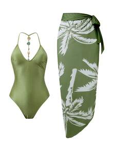 SHEIN Swim Olive Green,Summer,Tropical,Beach,Vacation,Holiday 2-Piece Set: Knit Jacquard Wireless Cami Backless Halter Top Beaded Swimsuit & Printed Mesh Skirt - Green - View 2