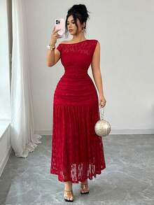 Elenzga 新款女士斜肩蕾丝针织连衣裙，带衬里，年轻优雅，适合情人节、圣诞节、派对等场合，修身百搭长裙 - 紅色 - 查看 7