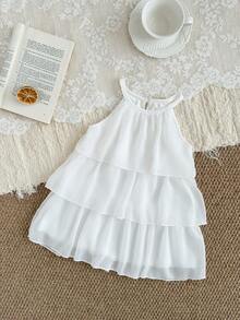 夏季女童无袖雪纺蛋糕裙，纯白色，甜美优雅，适合派对、宴会、婚礼、度假等场合。 - 白色 - 查看 5