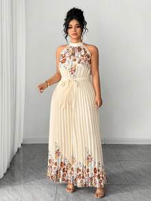 Elenzga Mono de pierna ancha con cuello de halter plisado y estampado para mujer de talla grande, estilo elegante y romántico para citas de primavera/verano. Monos elegantes y bohemios para mujer, conjuntos de ropa de vacaciones, atuendos de verano para mujer, atuendos de primavera para mujer, vestidos, atuendos de boda para mujer - Albaricoque - Ver 4
