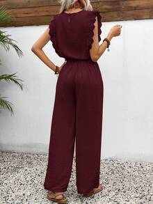 SHEIN Frenchy 女款休閒度假通勤純色蕾絲飾邊上衣與寬腿褲兩件套，春/夏 - 酒紅色 - 查看 2