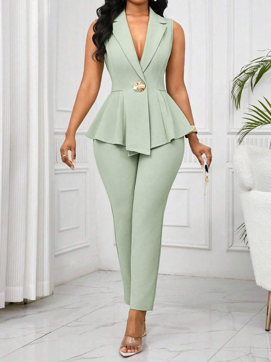 SHEIN Lady 大码女式纯色立领金属装饰荷叶边下摆背心上衣和裤子正式套装，通勤风格 - 薄荷綠 - 查看 1